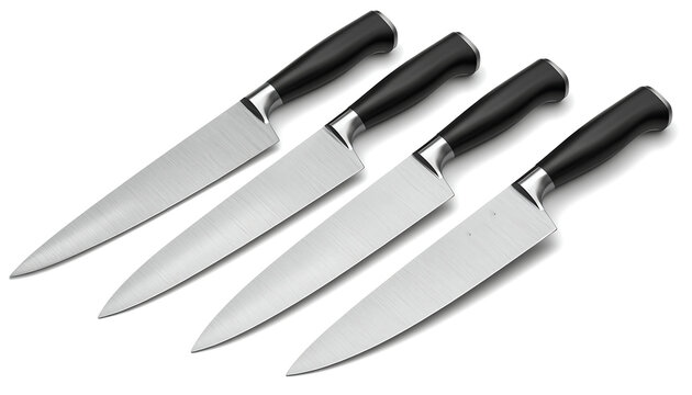 A professional set of four sharp stainless steel chef knives with black handles is arranged diagonally on a clean white background.