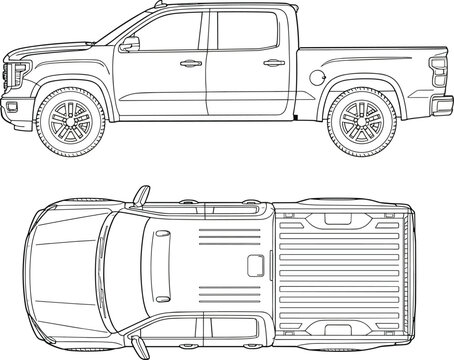 Detailed Pickup Truck Blueprint Illustration Featuring Side and Top View Perspectives of a Modern Double Cab Utility Vehicle for Technical Design and Automotive Projects.