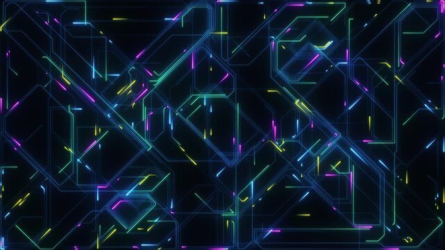 Digital Data moving on Circuit Board and CPU loop backgrounds. Computer Processing and organizing data. Abstract high tech Artificial intelligence (AI), data mining, neon glow pcb place for text 