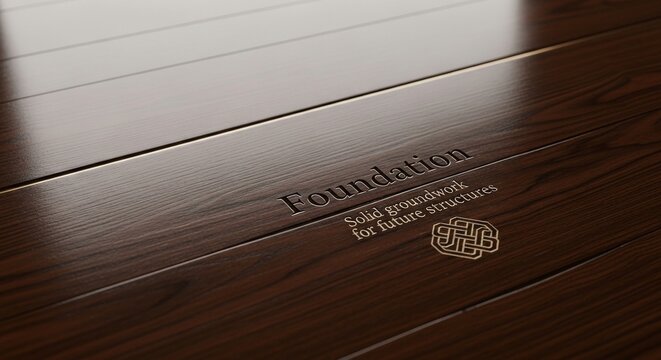 Polished Dark Wood Planks with Foundation Engraving