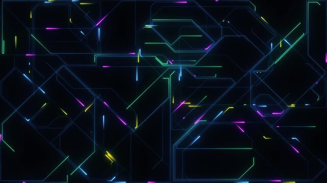 Digital Data moving on Circuit Board and CPU loop backgrounds. Computer Processing and organizing data. Abstract high tech Artificial intelligence (AI), data mining, neon glow pcb place for text 