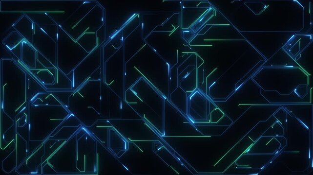 Digital Data moving on Circuit Board and CPU loop backgrounds. Computer Processing and organizing data. Abstract high tech Artificial intelligence (AI), data mining, neon glow pcb place for text 
