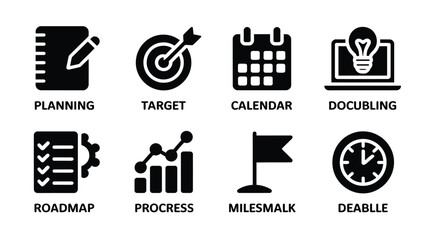 Business planning and strategy icons set including planning target calendar documentation roadmap progress milestone and deadline symbols in black silhouette on white background