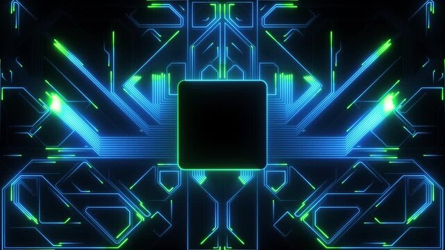 Digital Data moving on Circuit Board and CPU loop backgrounds. Computer Processing and organizing data. Abstract high tech Artificial intelligence (AI), data mining, neon glow pcb place for text 