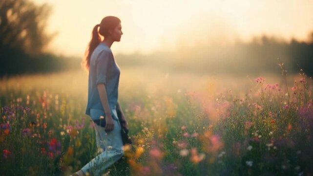 A person walks across a vibrant flower field bathed in golden sunlight. The scene is soft and blurred