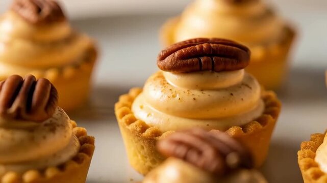 Closeup of mini pecan tartlets on a plate with creamy filling and pecan topping. golden buttery crusts and rustic dessert styling in warm natural light.