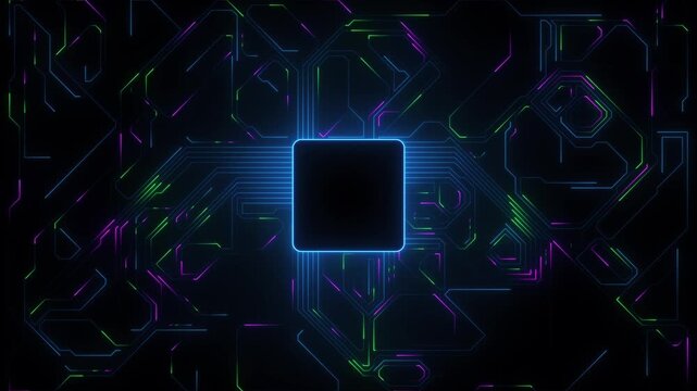 Digital Data moving on Circuit Board and CPU loop backgrounds. Computer Processing and organizing data. Abstract high tech Artificial intelligence (AI), data mining, neon glow pcb place for text 