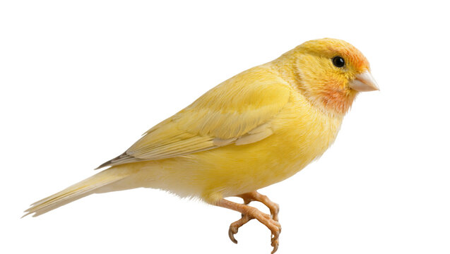 Isolated yellow canary bird standing looking right, profile studio shot of a beautiful pet
