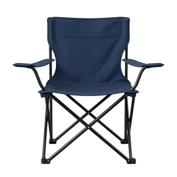Blue folding camping chair with armrests and metal frame