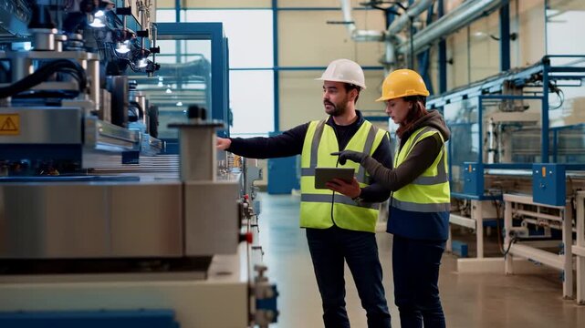 Tracking shot of two factory workers inspecting and pointing at conveyor assembly line inside manufacturing plant interior during daytime operations