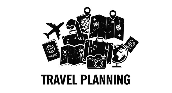 This conceptual black and white illustration visually represents the comprehensive process of travel planning, featuring essential items like an airplane, various pieces of luggage, detailed maps with