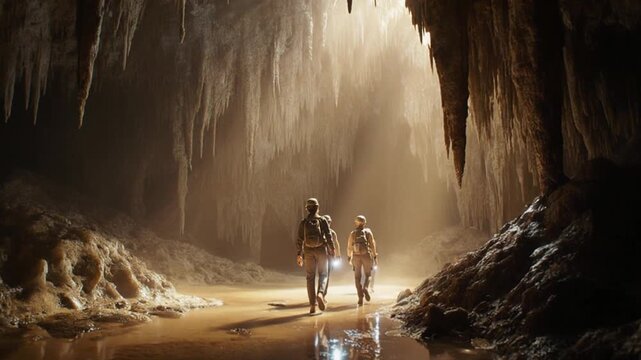 group of people exploring a cave