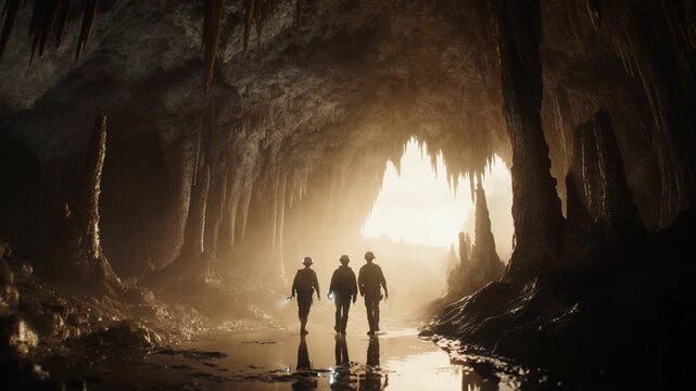 group of people exploring a cave