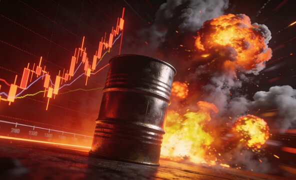 Leaking Metal Oil Barrel Spilling Crude with Background Explosion and Rising Candlestick Chart.