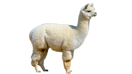 Fototapeta premium Isolated serene domestic alpaca with thick fluffy wool and long elegant neck in profile