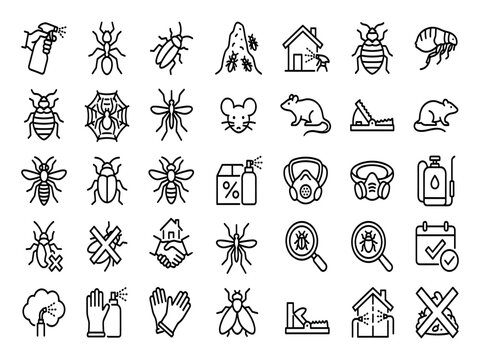 Pest Control Icon Set for Exterminator Service Insect Prevention Bug Disinfection Chemical Spray Rat Trap Outline Vector Illustration Bundle for Business