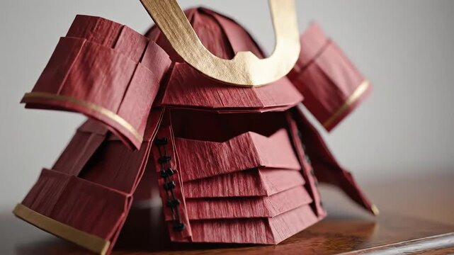 Miniature Origami Samurai Helmet Displayed on Wooden Surface.