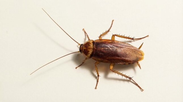 Close up macro shot of a common brown cockroach insect specimen resting on a plain light colored background surface