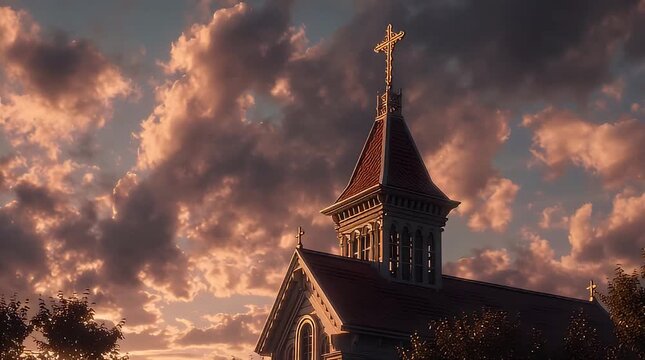 Church Building Steeple Cross Sunset Sky.