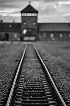 Railway tracks leading to the Gate of Death in Auschwitz Birkenau