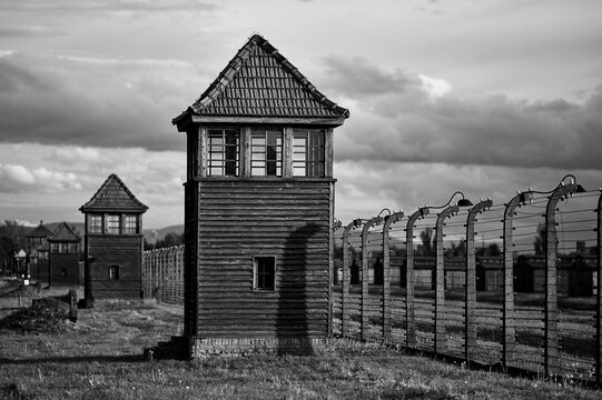 Row of watchtowers and wire fence at Auschwitz Birkenau camp