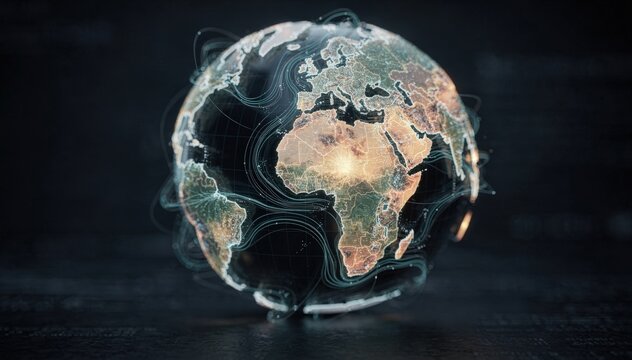 Medium shot of a rotating stylized globe covered in streaming data pathways focus on a highlighted edge server region with softly blurred adjacent continents and networks.