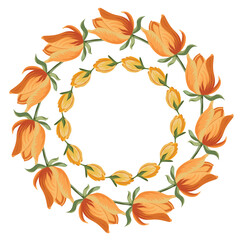 Obraz premium Vector double wreath of yellow and orange tulips on white background. Floral spring frame for wedding, holiday card, invitation and festive design.
