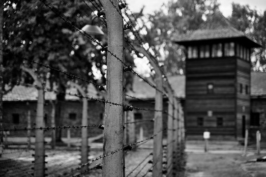 Barbed wire fence and guard tower at Auschwitz concentration camp