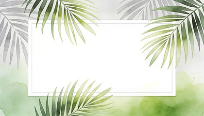 Obraz premium Watercolor palm leaf frame with central white empty space for text. Palm Sunday religious holiday background. Greeting card template with tropical plant illustration for Easter design.