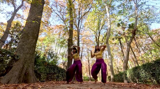 Beautiful low angle view of two young indian women dancing a synchronized choreography in a forest. Dressed in traditional costumes, they perform a bollywood dance with grace and elegance