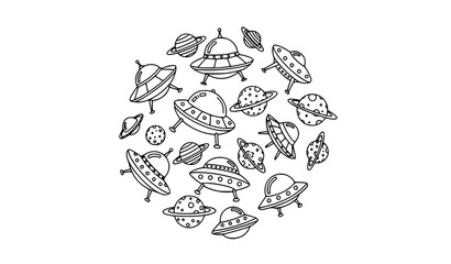 Hand drawn UFO and ringed planet doodle vector set playful space spaceship icons © MdAshik