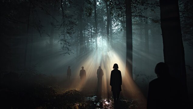 Mysterious figures emerge from foggy forest with ethereal light beams.