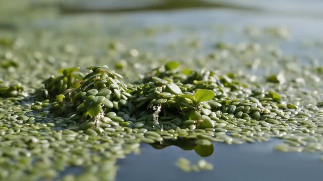Closeup of duckweed and aquatic plants floating on water surface.