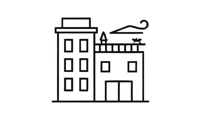 Obraz premium Minimalist apartment building icon with rooftop garden for real estate and sustainable architecture