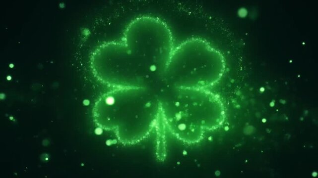 Shamrock clover green glow sparkle luck holiday symbol nature abstract glowing shamrock clover leaf with green sparkle particle aura dark background magical festive light effect atmosphere