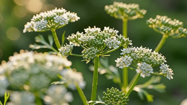 Delicate white cilantro flower heads sway gently in the warm sunlight of a summer garden