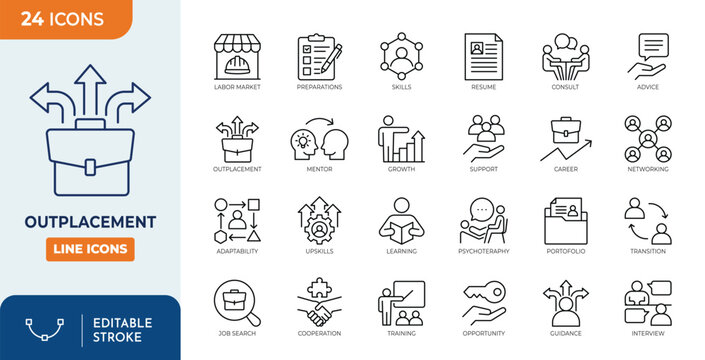 Outplacement icon set. contain icons related to career, employee, Coaching, support, network, and more. editable stroke. Vector illustration