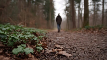 Fototapeta premium A lone person walks away on a blurred forest path with vibrant green foliage and fallen leaves in the foreground on a misty overcast day