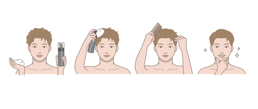Men Hair Styling with Mousse Step by Step, Applying Product and Combing Process, Hairstyling Tutorial and Grooming Routine Infographic Illustration
