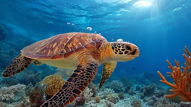 Sea turtle underwater coral reef ocean marine life wildlife nature tropical aquatic swimming near coral reef clear blue ocean with vibrant marine life, graceful sea turtle underwater over colorful