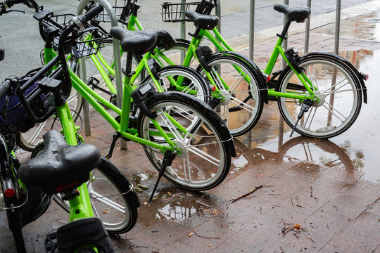 Green bikes at a bike stand in Canberra