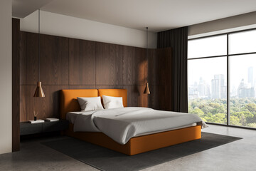 Fototapeta premium Modern bedroom interior with orange bed, wooden wall panels, large window city view and stylish lighting design concept. 3D Rendering