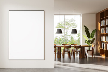 Naklejka premium Large interior wall poster mockup in modern bright room with dining area and bookshelf wooden details interior.. 