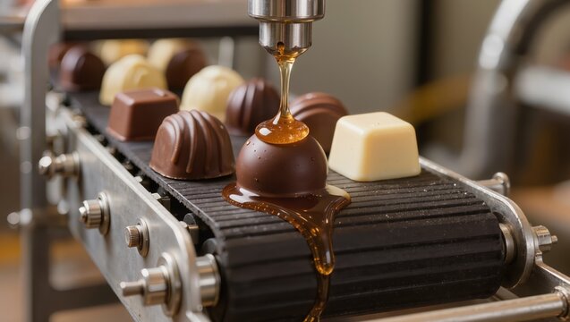 Chocolate candies on conveyor with caramel being applied by nozzle. Scene illustrates automated chocolate decoration, confectionery production and candy manufacturing