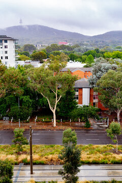 Birds eye view of road and light rail corridor on northbourne avenue, canberra