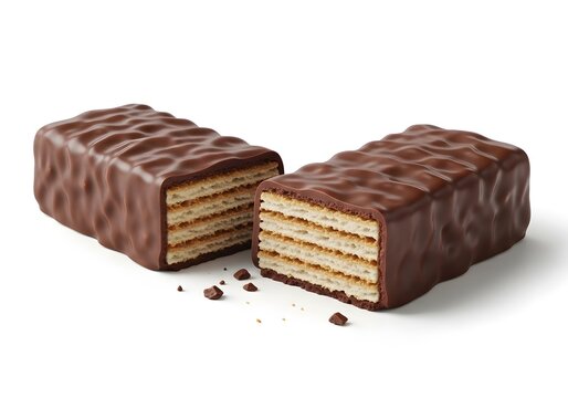Chocolate covered wafer snack broken in half on white background
