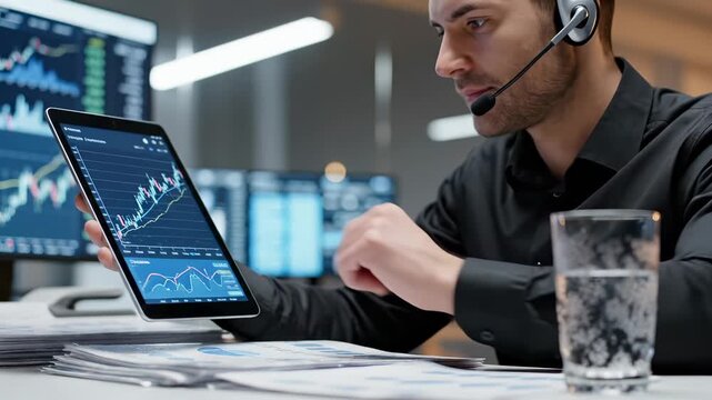 Man analyzes stock market data on tablet. This trader performs financial analysis. He monitors stock data for market trends. The man's data analysis is focused. He tracks the stock market for finance.