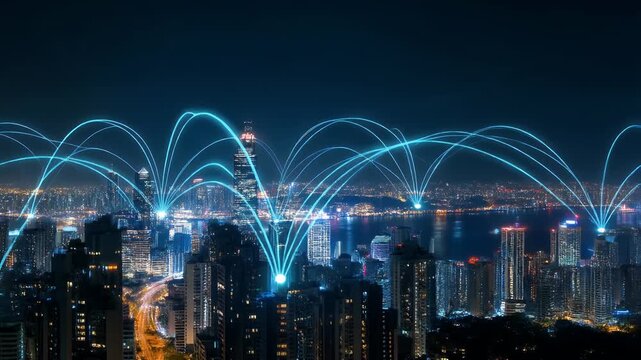 A vibrant cityscape at night is illuminated by glowing blue lines connecting buildings, symbolizing a digital network.