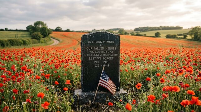 Somber Memorial Stone in Poppy Field with American Flag