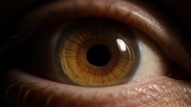 Close-up of a human eye with intricate brown iris texture and corneal reflection